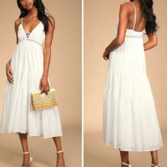 Lulu's Dresses & Skirts - NEW Lulus White Lace Up Lace Sleeveless Flowy Midi Dress XL Vacation Bridal Boho